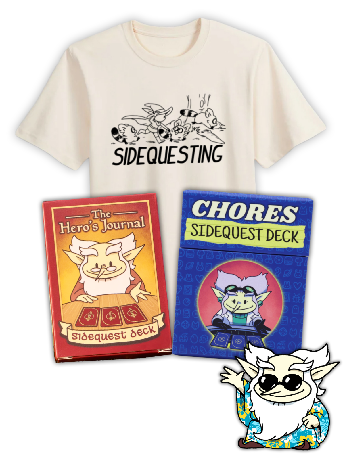 A t-shirt, two decks of cards, and a sticker related to the Sidequesting brand.